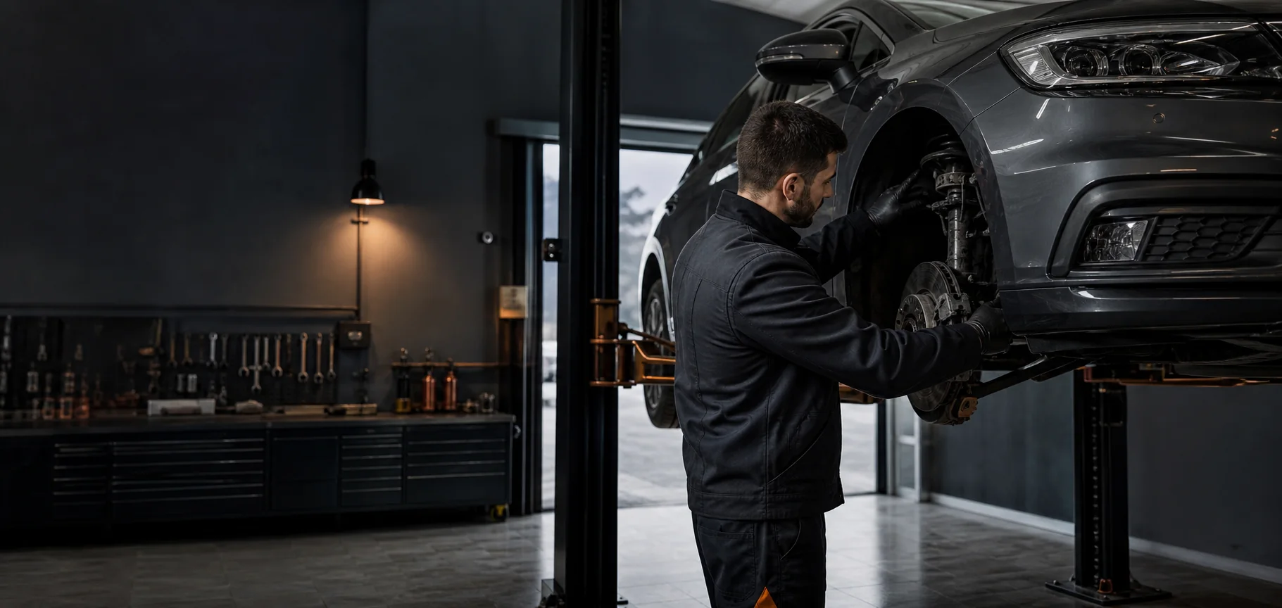 Mehaničar pregleda ovjes automobila u auto servisu u Sarajevu